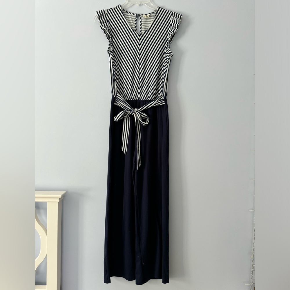 Monteau Girls Navy Striped Belted Jumpsuit (Girls Size 14)